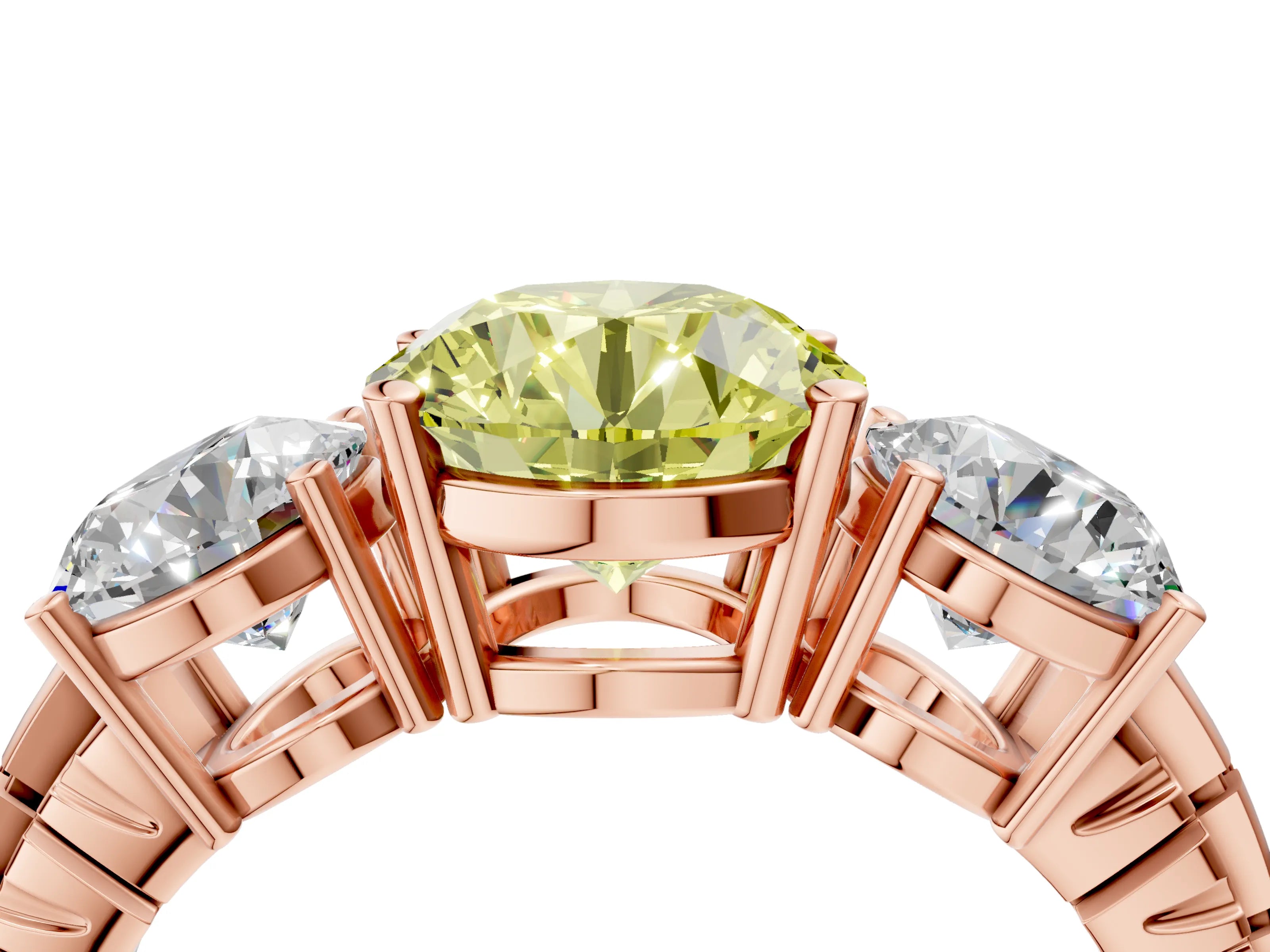Rose gold Three-Stone Fancy Yellow Round Cut Cut Diamond Ring with Channel-Set Band and Prong Setting_4
