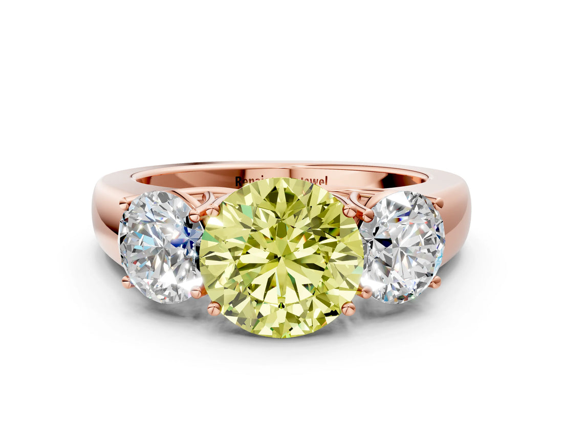 Rose gold Three-Stone Fancy Yellow Round Cut Cut Diamond Ring with Prong Setting and Classic Band
