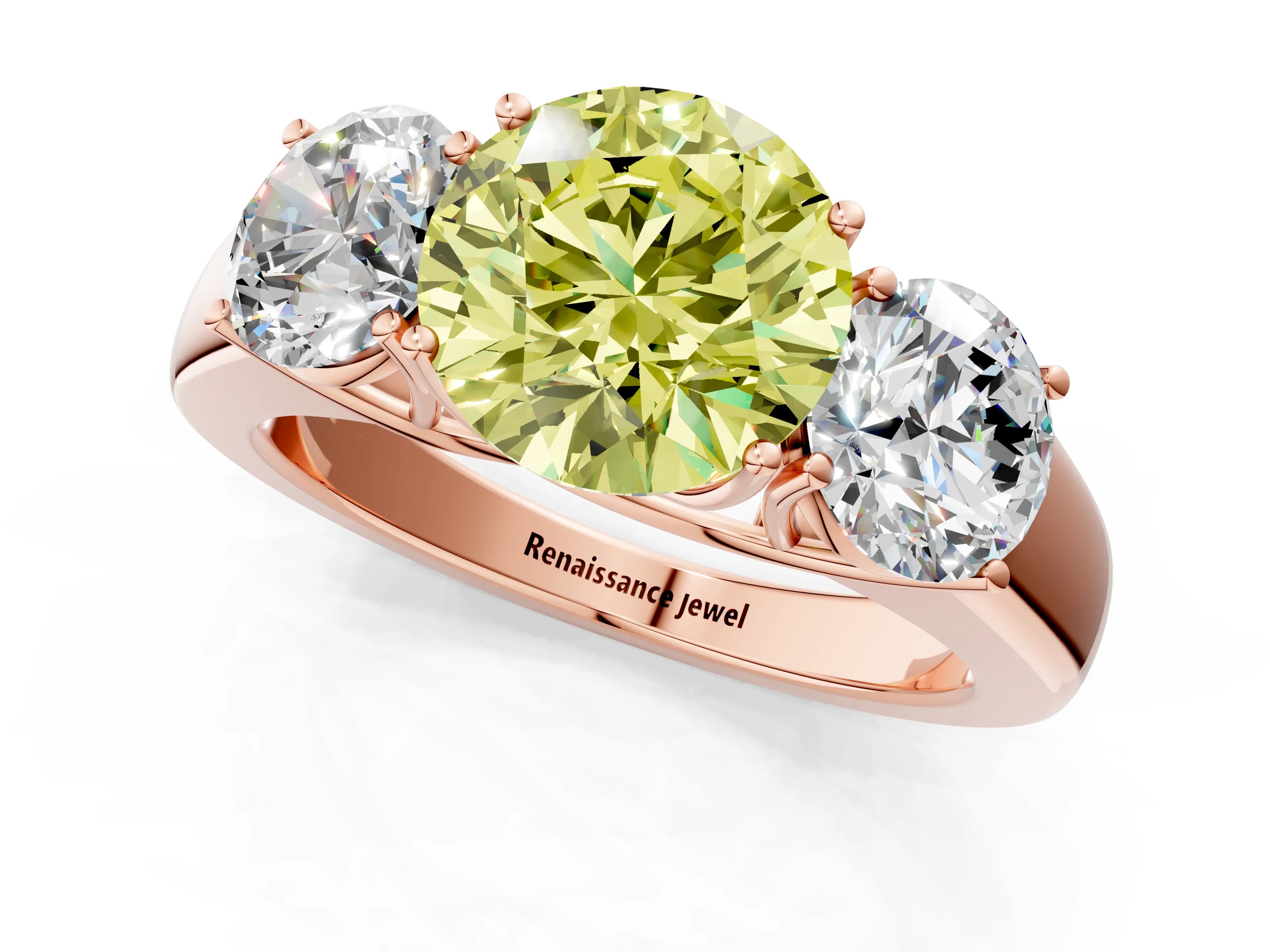 Rose gold Three-Stone Fancy Yellow Round Cut Cut Diamond Ring with Prong Setting and Classic Band_1