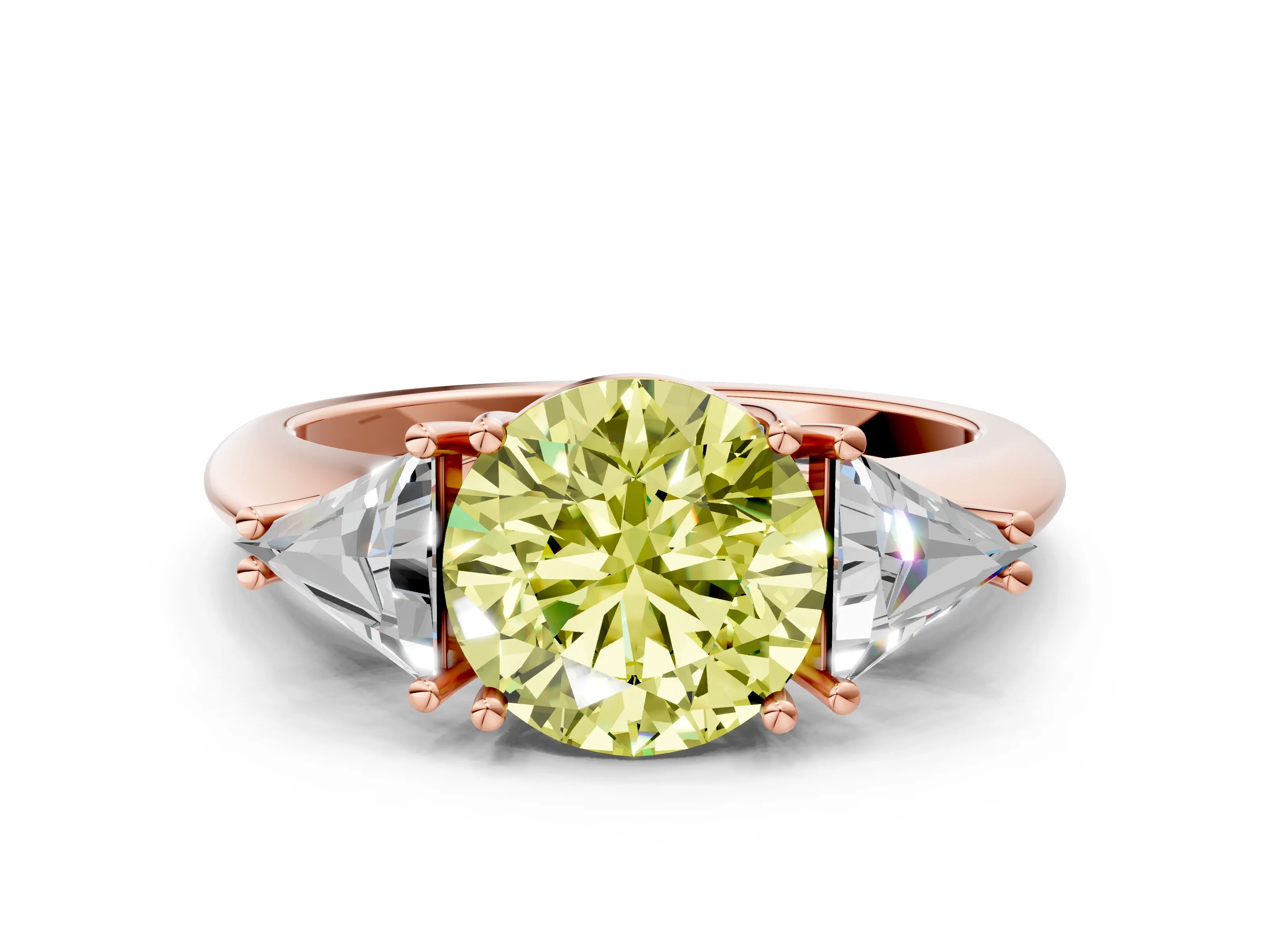 Rose gold Three-Stone Fancy Yellow Round Cut Cut Diamond Ring with Trillion Side Stones and Four-Prong Setting_3