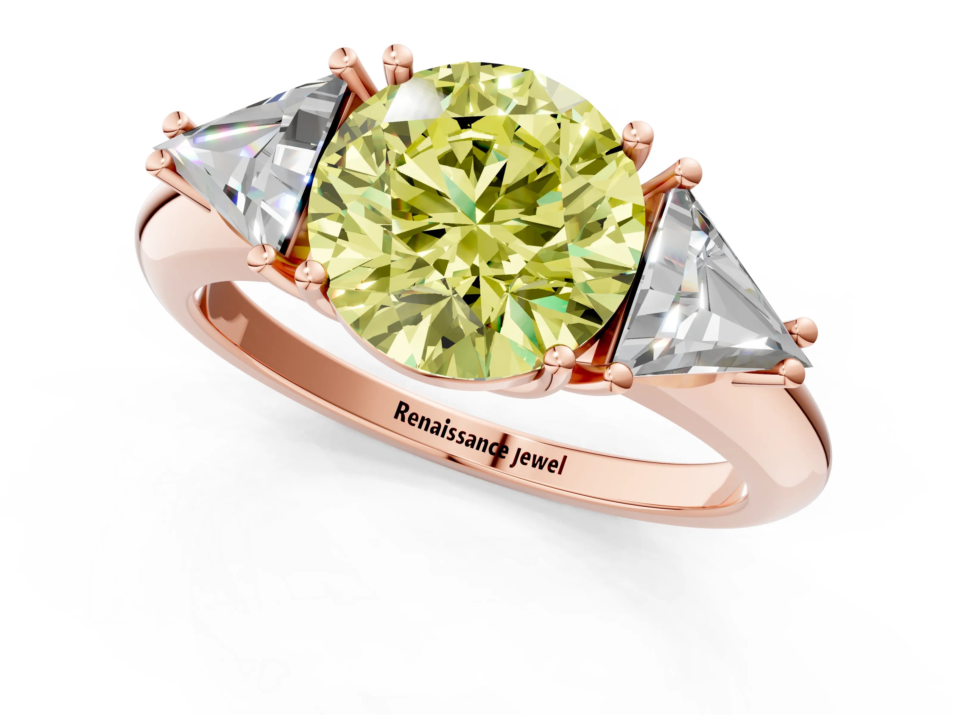 Rose gold Three-Stone Fancy Yellow Round Cut Cut Diamond Ring with Trillion Side Stones and Four-Prong Setting_4
