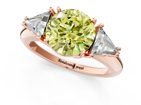 Rose gold Three-Stone Fancy Yellow Round Cut Cut Diamond Ring with Trillion Side Stones and Four-Prong Setting_4