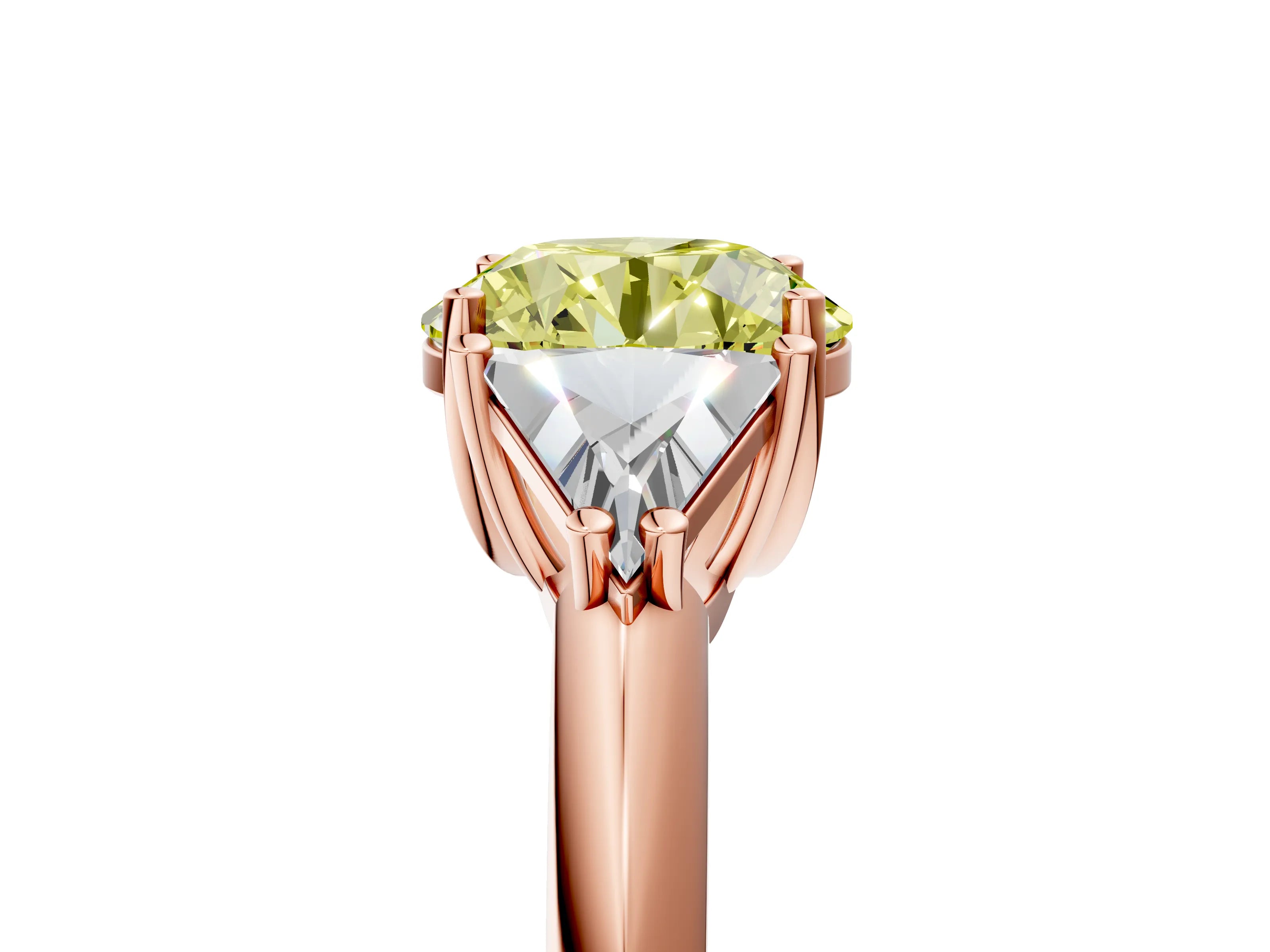 Rose gold Three-Stone Fancy Yellow Round Cut Cut Diamond Ring with Trillion Side Stones and Four-Prong Setting_8