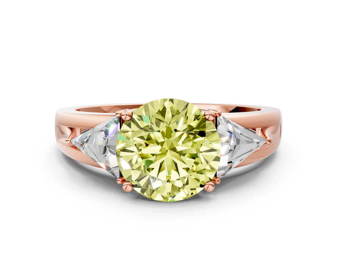 Rose gold Three-Stone Fancy Yellow Round Cut Cut Diamond Ring with Trillion Side Stones on a Split Shank Band