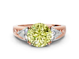 Rose gold Three-Stone Fancy Yellow Round Cut Cut Diamond Ring with Trillion Side Stones on a Split Shank Band