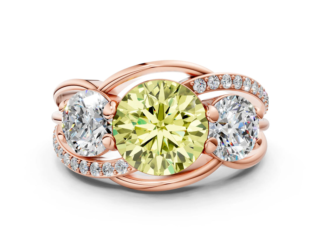 Rose gold Three-Stone Fancy Yellow Round Cut Cut Diamond Split Shank Prong Set Ring
