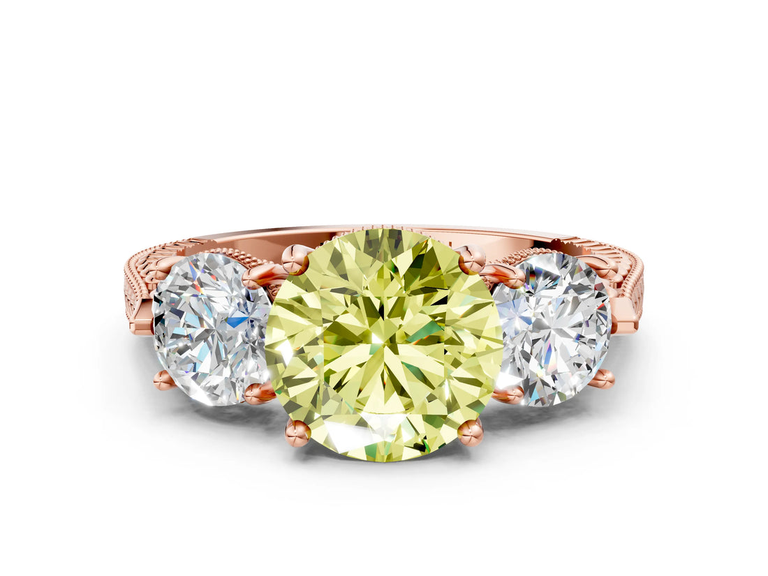 Rose gold Three-Stone Fancy Yellow Round Cut Cut Milgrain Band Prong Setting Ring