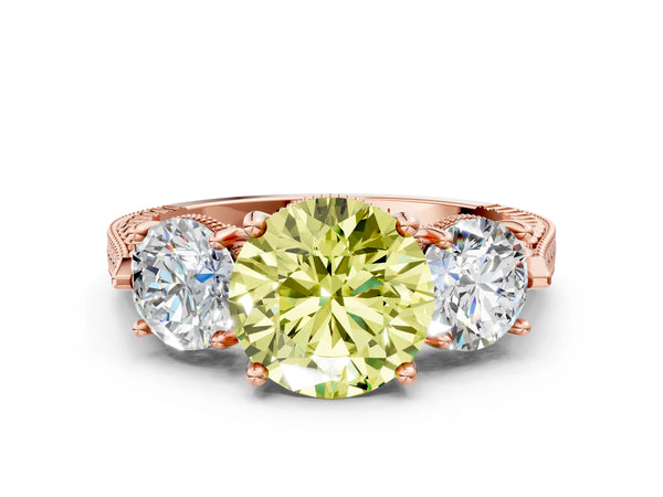 Rose Gold Round Vintage Three Stone Engagement Ring Setting for Fancy Yellow Center