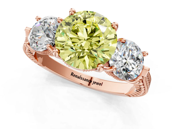 Rose Gold Round Vintage Three Stone Engagement Ring Setting for Fancy Yellow Center