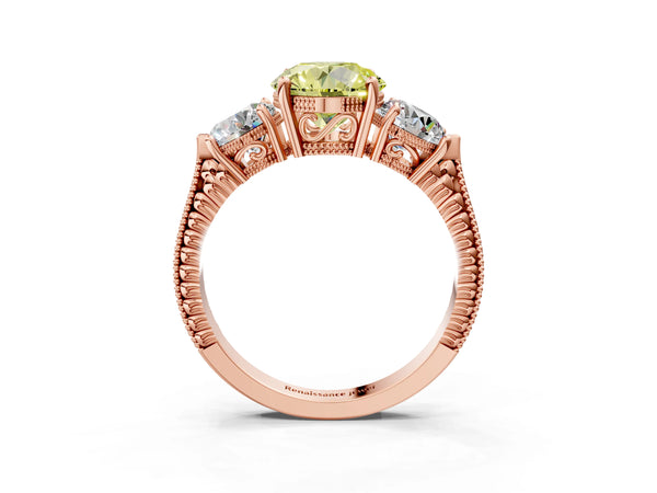 Rose Gold Round Vintage Three Stone Engagement Ring Setting for Fancy Yellow Center