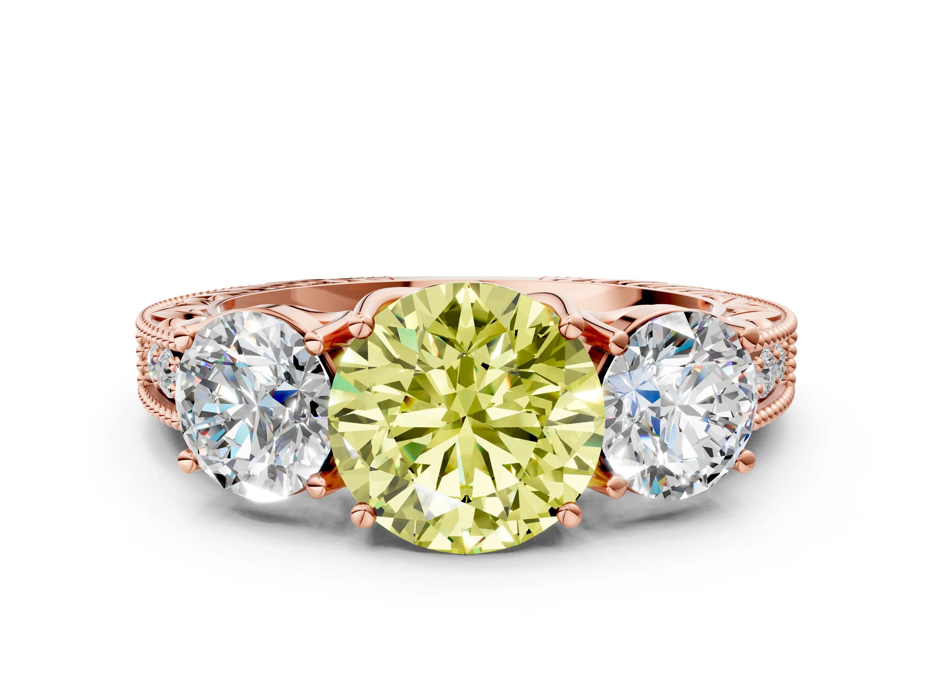 Rose gold Three-Stone Fancy Yellow Round Cut Cut Milgrain Pavé Engagement Ring