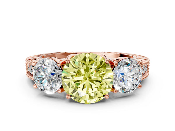 Rose gold Three-Stone Fancy Yellow Round Cut Cut Milgrain Pavé Engagement Ring