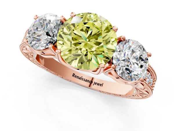 Rose gold Three-Stone Fancy Yellow Round Cut Cut Milgrain Pavé Engagement Ring