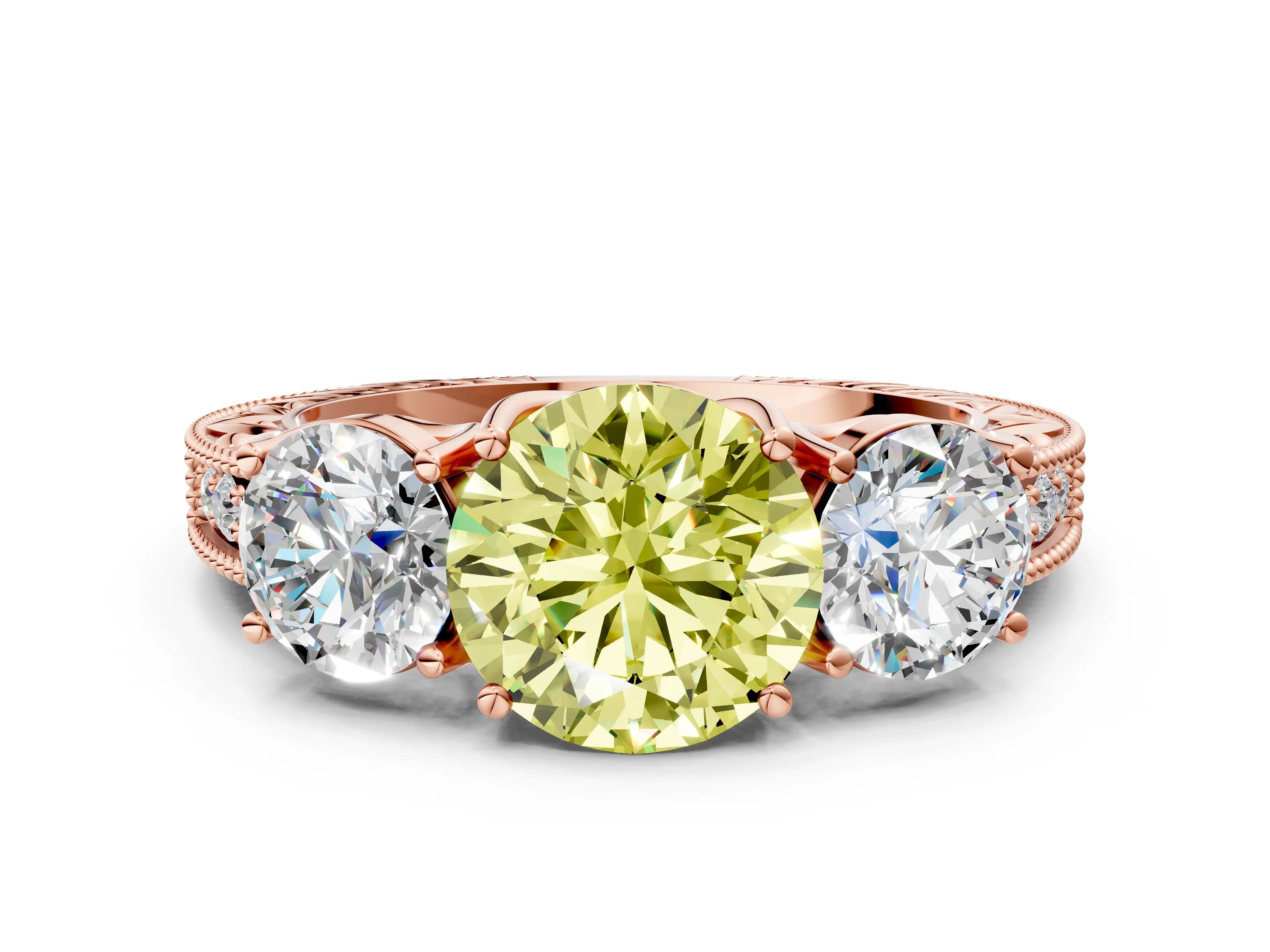 Rose gold Three-Stone Fancy Yellow Round Cut Cut Milgrain Pavé Engagement Ring_12