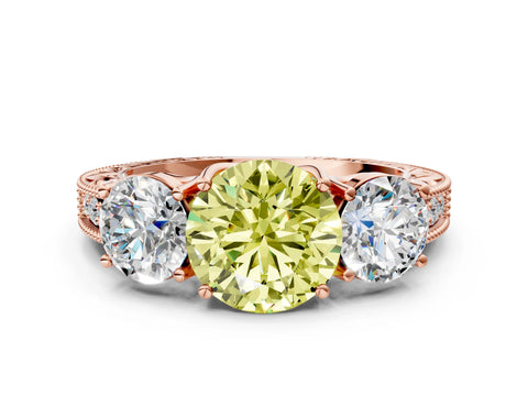 Rose gold Three-Stone Fancy Yellow Round Cut Cut Milgrain Pavé Engagement Ring_12