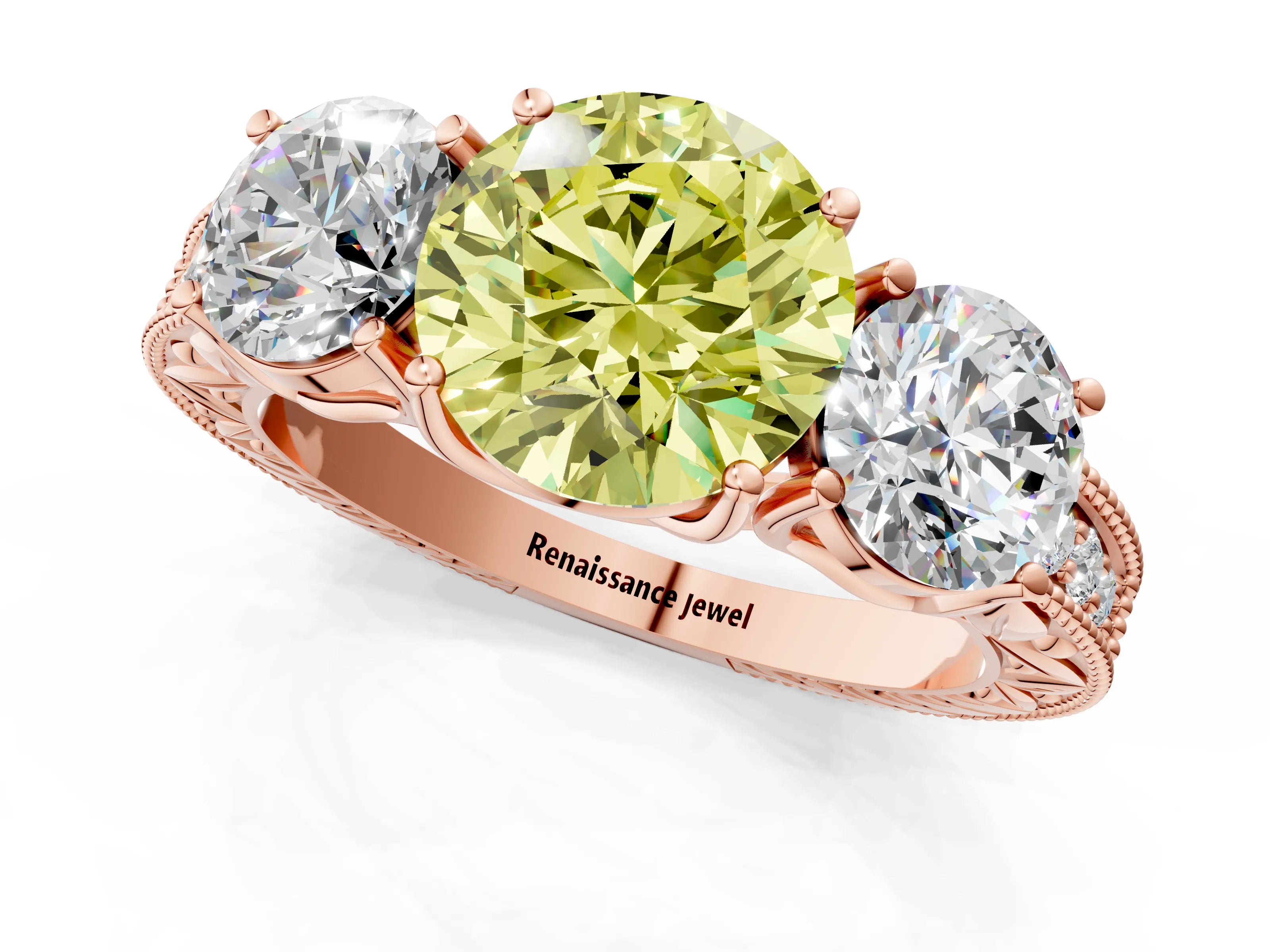 Rose gold Three-Stone Fancy Yellow Round Cut Cut Milgrain Pavé Engagement Ring_13