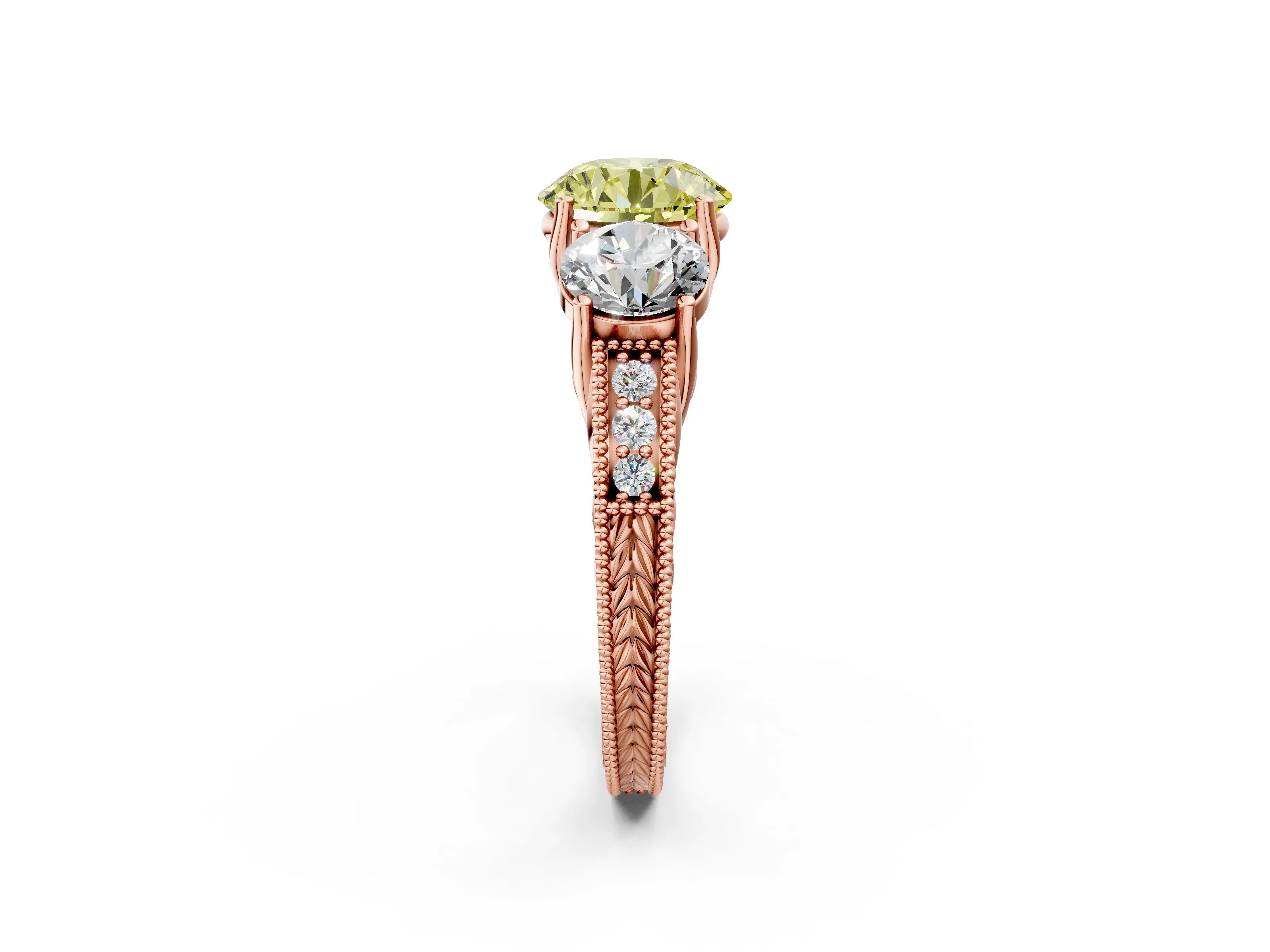 Rose gold Three-Stone Fancy Yellow Round Cut Cut Milgrain Pavé Engagement Ring_14