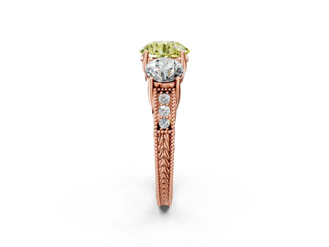 Rose gold Three-Stone Fancy Yellow Round Cut Cut Milgrain Pavé Engagement Ring_14