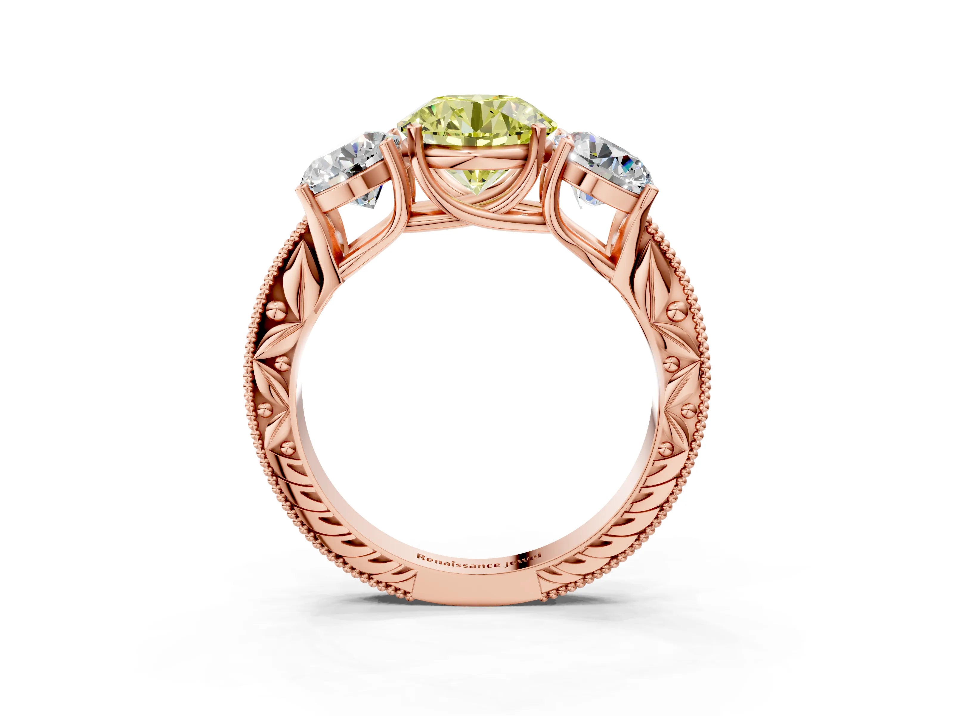 Rose gold Three-Stone Fancy Yellow Round Cut Cut Milgrain Pavé Engagement Ring_15