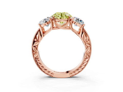 Rose gold Three-Stone Fancy Yellow Round Cut Cut Milgrain Pavé Engagement Ring_15