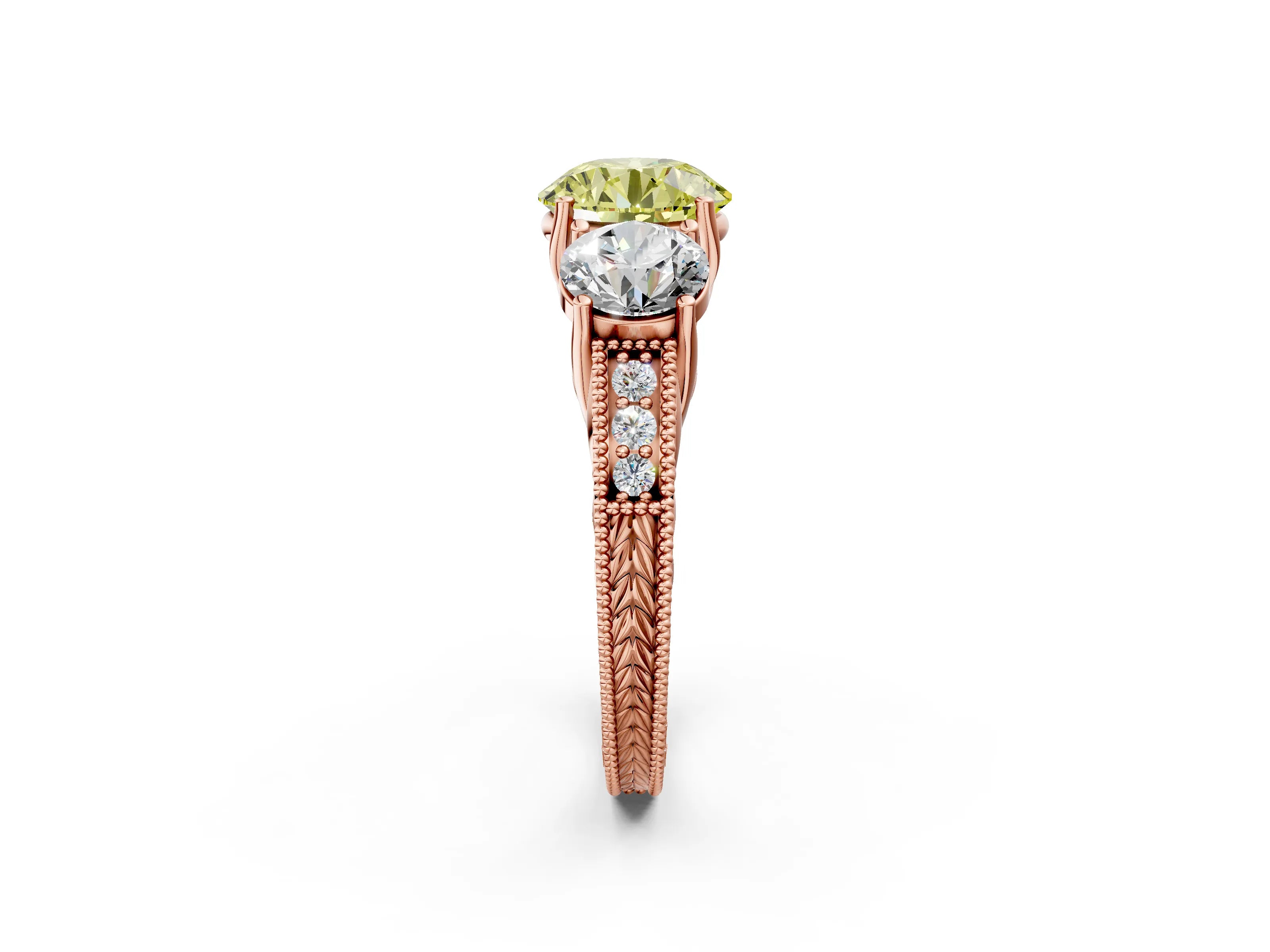 Rose gold Three-Stone Fancy Yellow Round Cut Cut Milgrain Pavé Engagement Ring_2