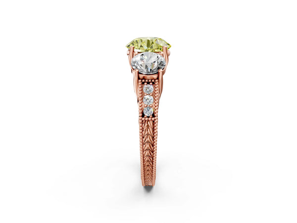 Rose gold Three-Stone Fancy Yellow Round Cut Cut Milgrain Pavé Engagement Ring