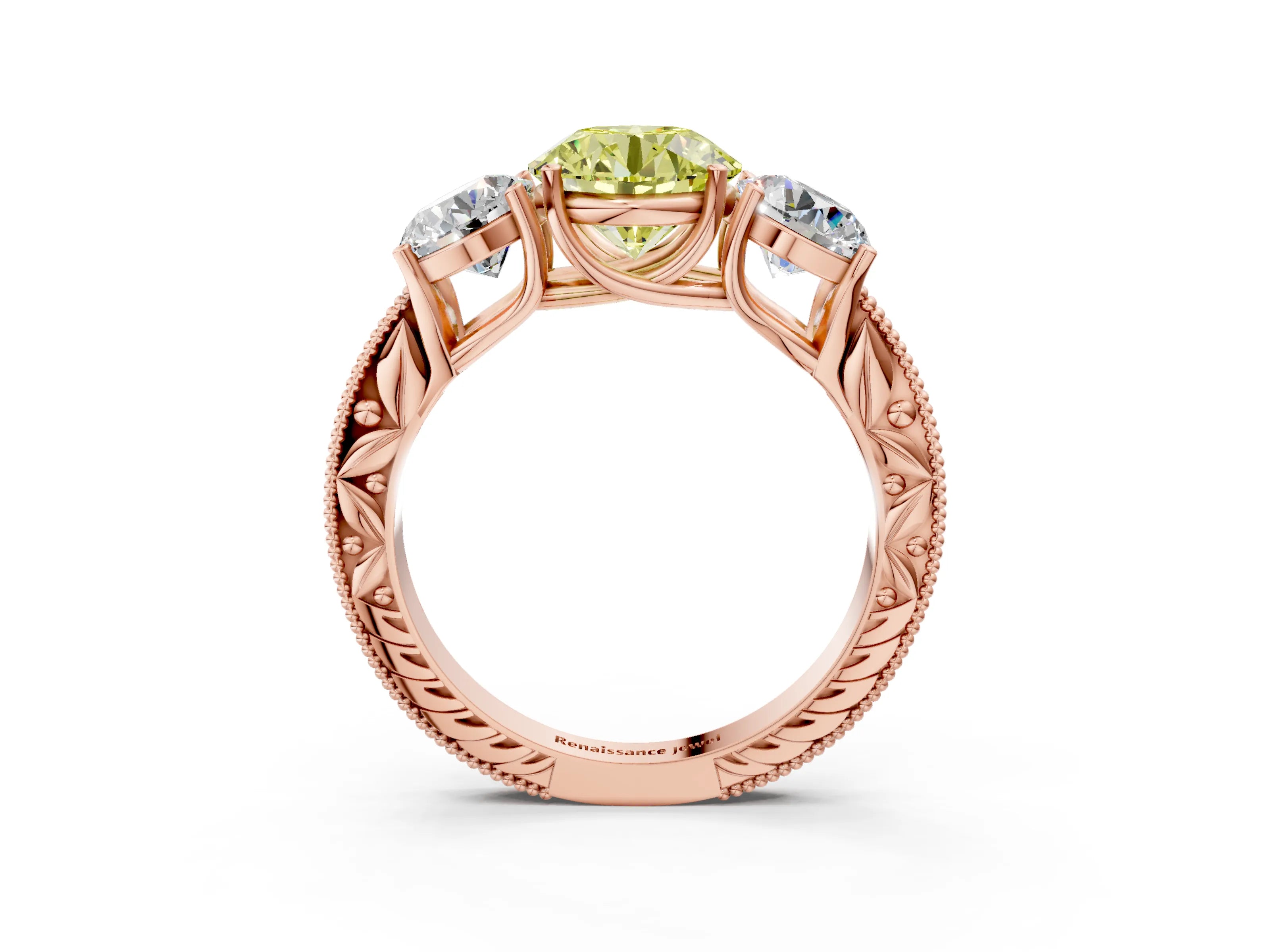 Rose gold Three-Stone Fancy Yellow Round Cut Cut Milgrain Pavé Engagement Ring_3