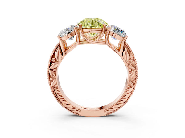 Rose gold Three-Stone Fancy Yellow Round Cut Cut Milgrain Pavé Engagement Ring