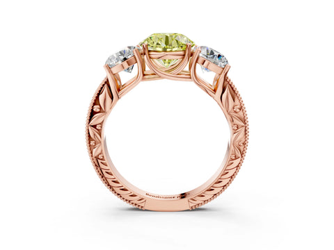 Rose gold Three-Stone Fancy Yellow Round Cut Cut Milgrain Pavé Engagement Ring_3