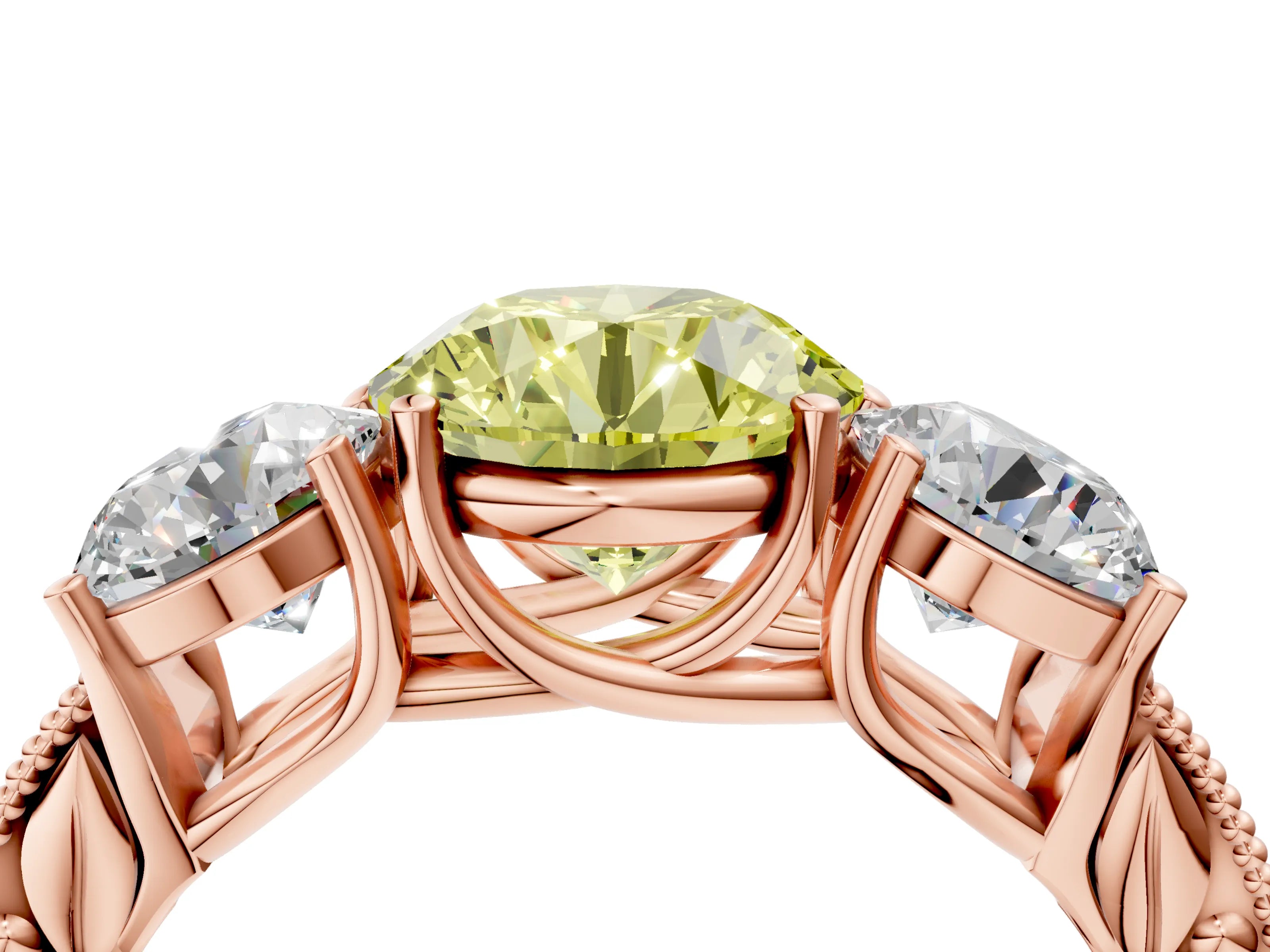 Rose gold Three-Stone Fancy Yellow Round Cut Cut Milgrain Pavé Engagement Ring_4