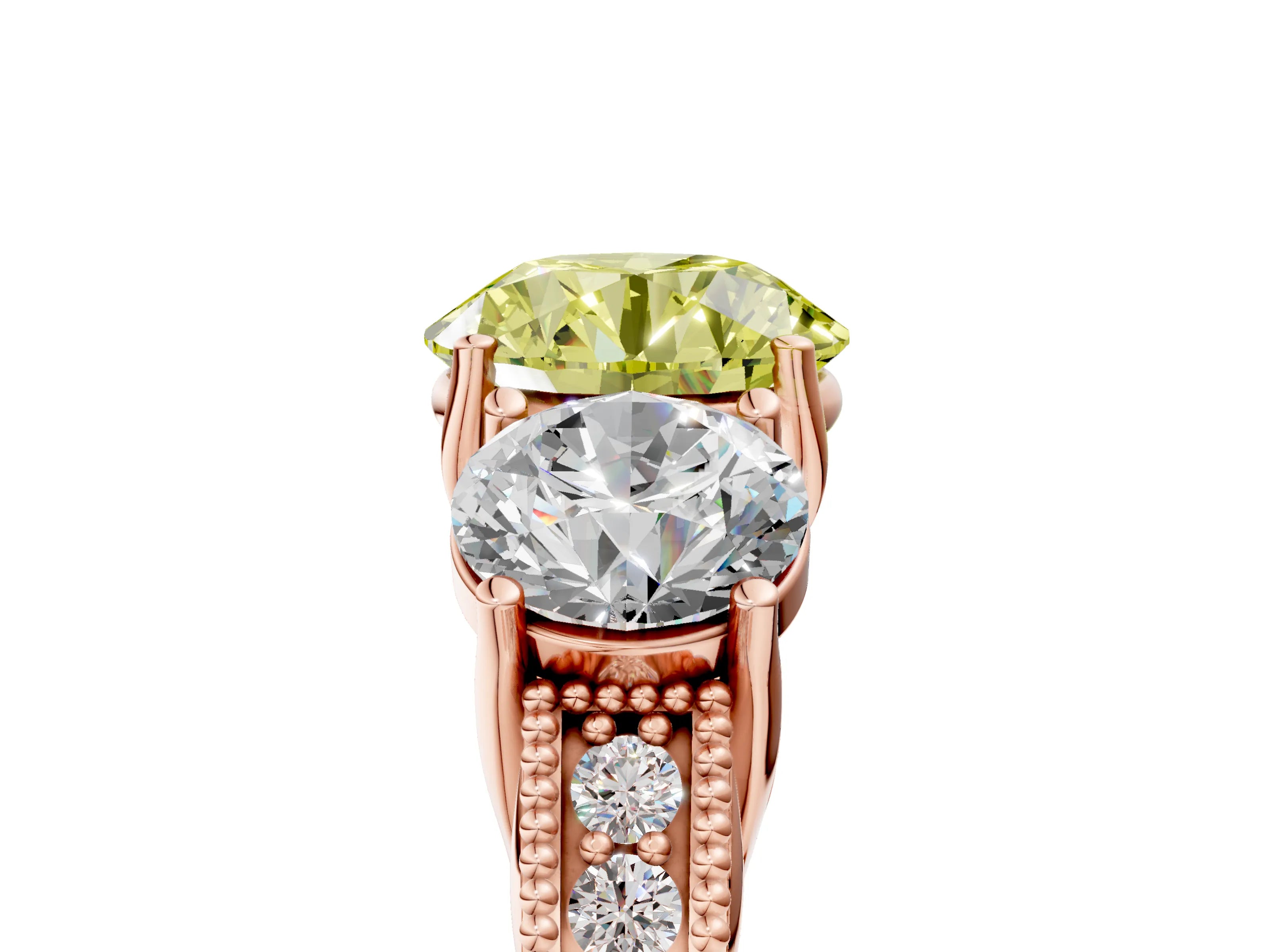 Rose gold Three-Stone Fancy Yellow Round Cut Cut Milgrain Pavé Engagement Ring_5