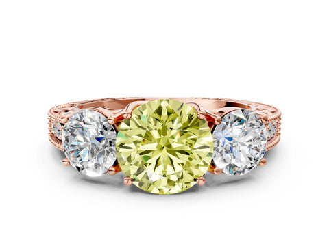 Rose gold Three-Stone Fancy Yellow Round Cut Cut Milgrain Pavé Engagement Ring