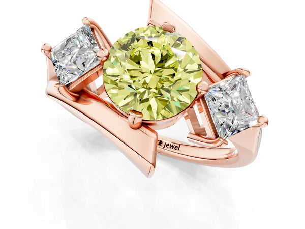 Rose gold Three-Stone Fancy Yellow Round Cut Cut Tension Band Ring with Four-Prong Setting
