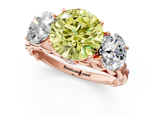 Rose gold Three-Stone Fancy Yellow Round Cut Diamond Braided Band Ring with Four-Prong Setting