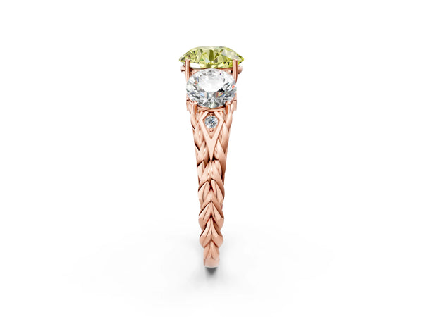 Rose gold Three-Stone Fancy Yellow Round Cut Diamond Braided Band Ring with Four-Prong Setting