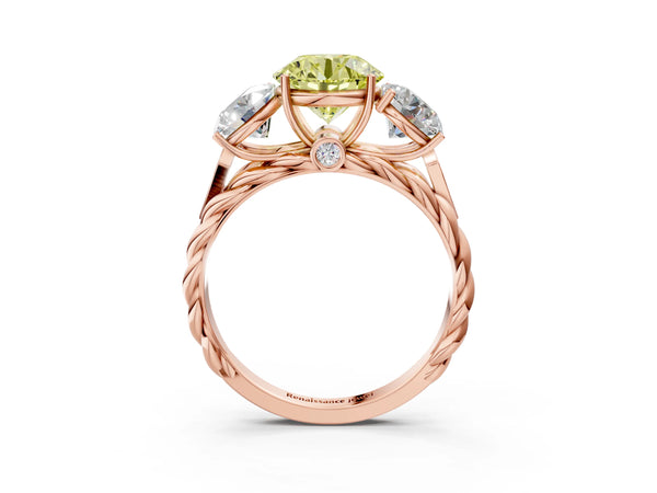 Rose gold Three-Stone Fancy Yellow Round Cut Diamond Braided Band Ring with Four-Prong Setting