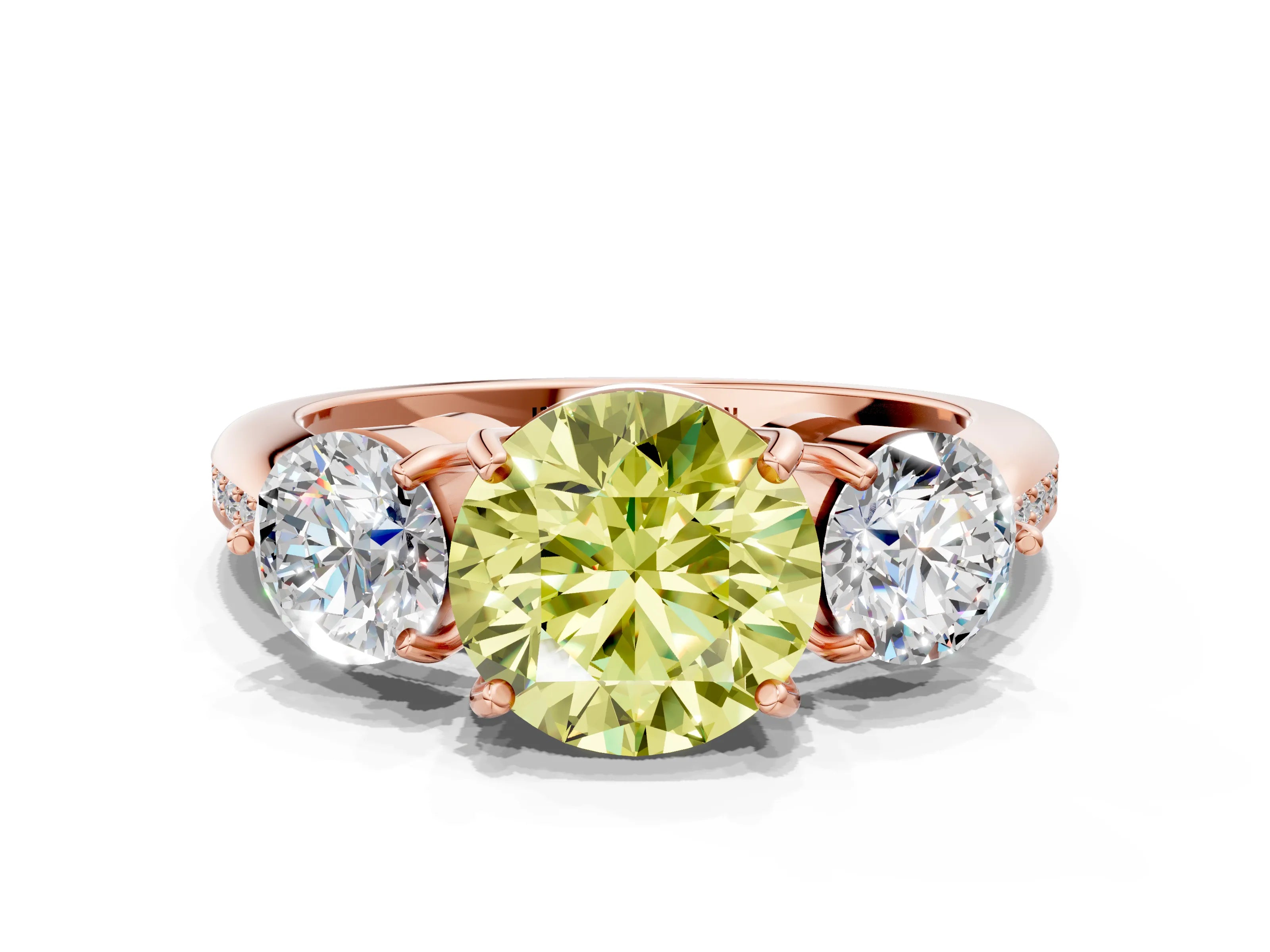 Rose gold Three-Stone Fancy Yellow Round Cut Diamond Channel Set Engagement Ring with Prong Setting