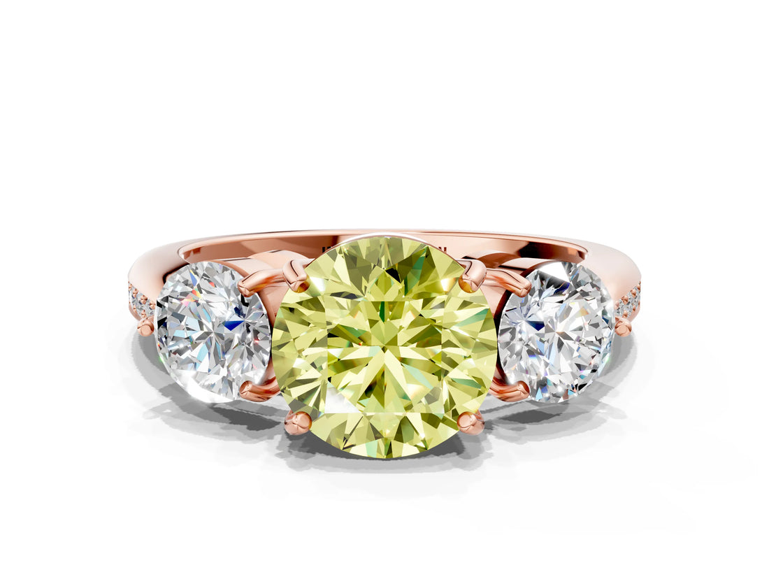 Rose gold Three-Stone Fancy Yellow Round Cut Diamond Channel Set Engagement Ring with Prong Setting