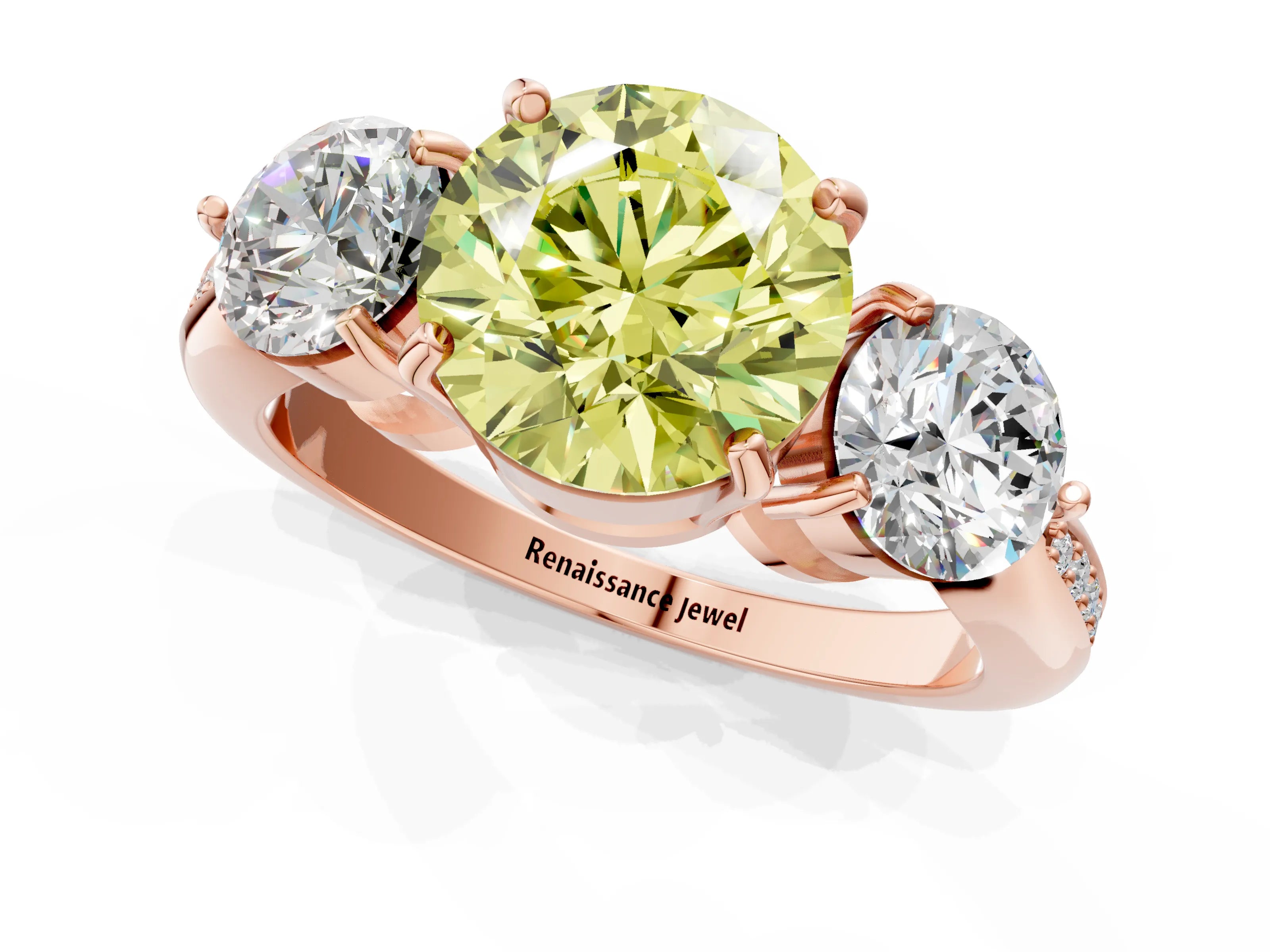 Rose gold Three-Stone Fancy Yellow Round Cut Diamond Channel Set Engagement Ring with Prong Setting_1