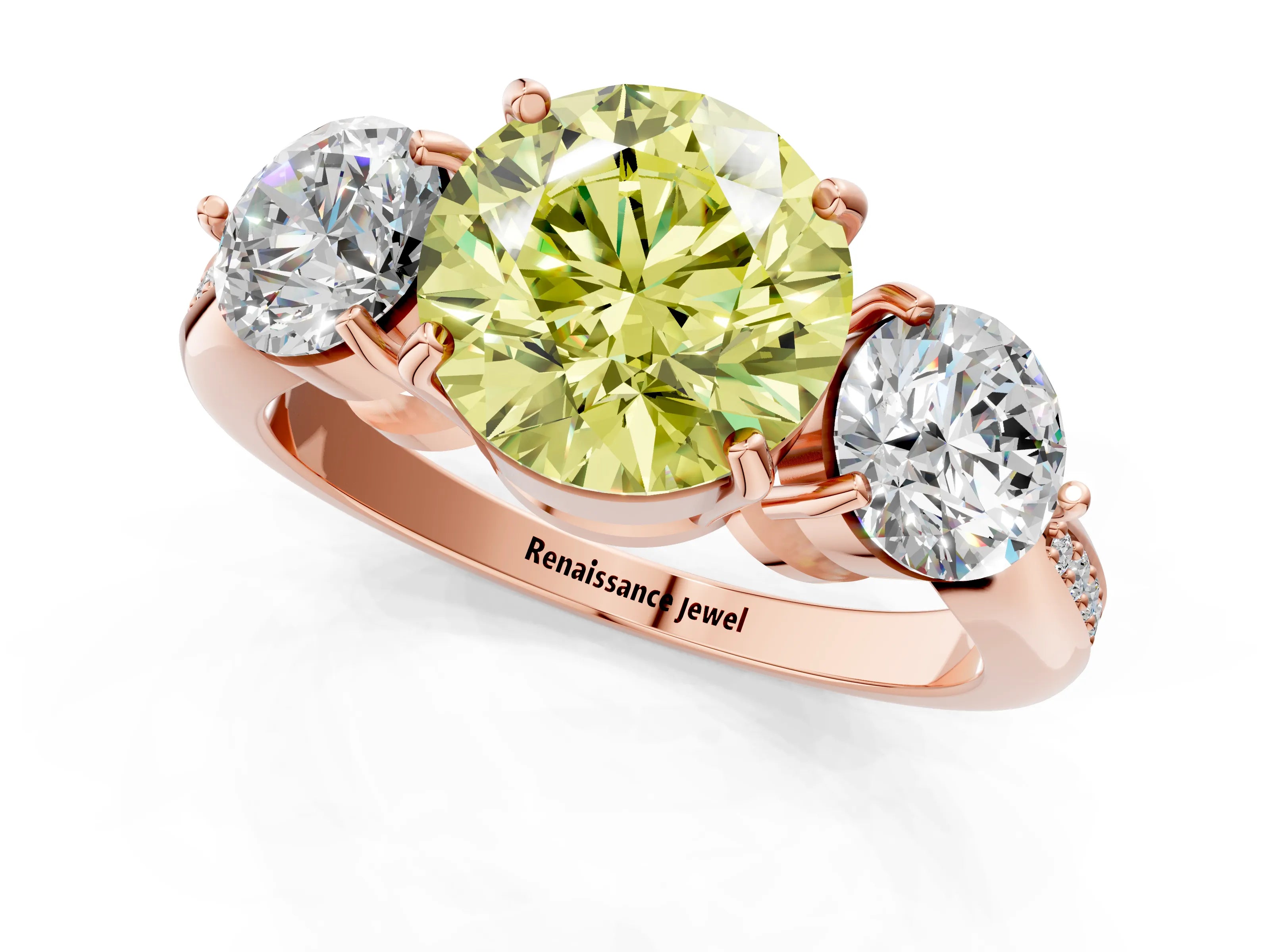 Rose gold Three-Stone Fancy Yellow Round Cut Diamond Channel Set Engagement Ring with Prong Setting_13