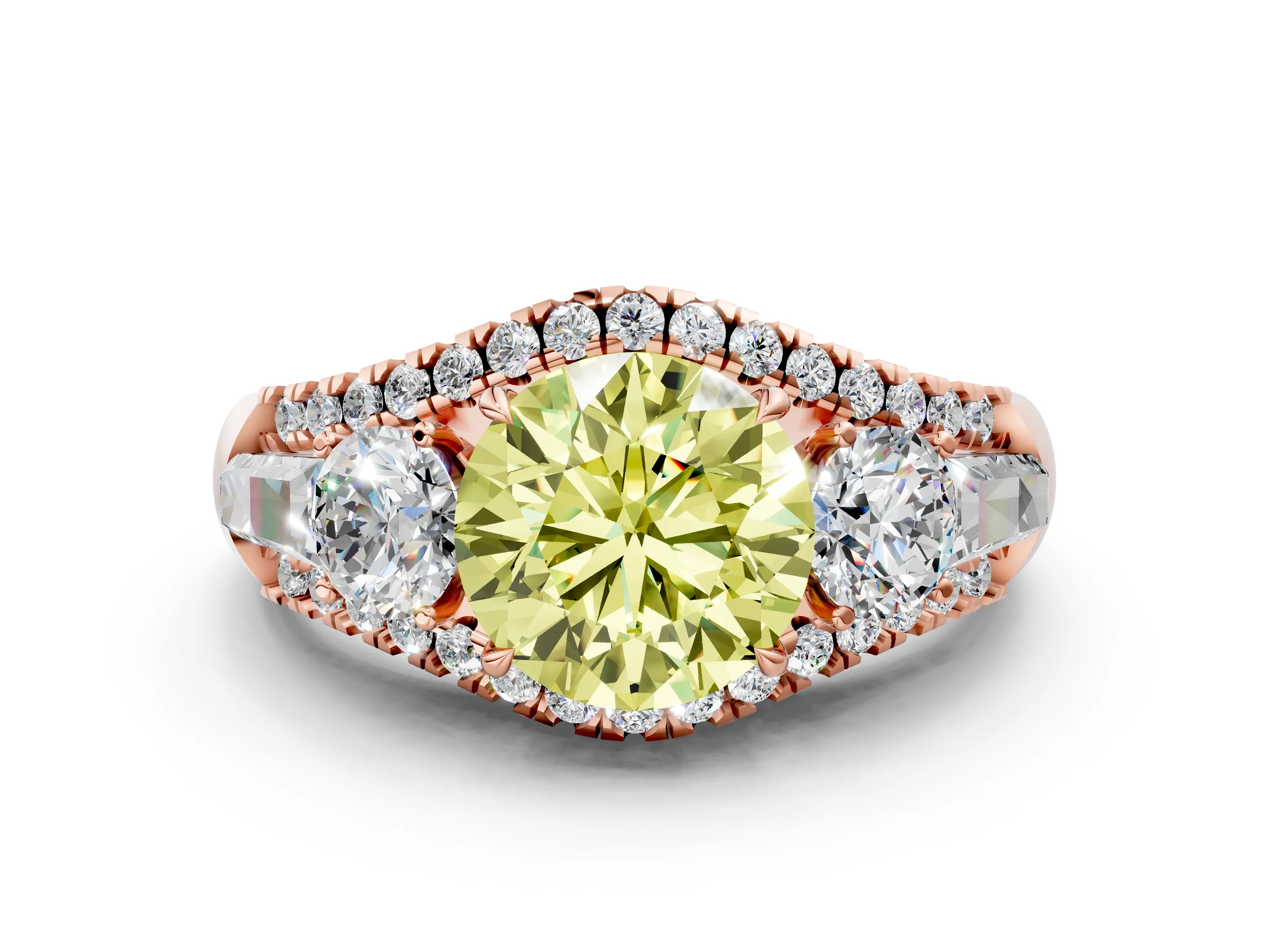 Rose gold Three-Stone Fancy Yellow Round Cut Diamond Engagement Ring with Pave Band and Prong Setting