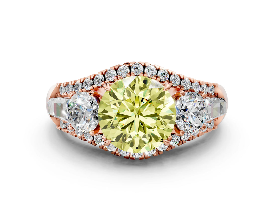 Rose gold Three-Stone Fancy Yellow Round Cut Diamond Engagement Ring with Pave Band and Prong Setting