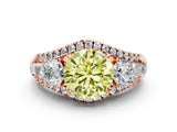 Rose gold Three-Stone Fancy Yellow Round Cut Diamond Engagement Ring with Pave Band and Prong Setting
