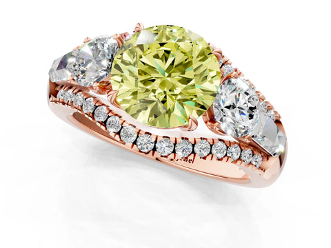 Rose gold Three-Stone Fancy Yellow Round Cut Diamond Engagement Ring with Pave Band and Prong Setting_1