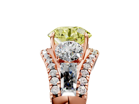 Rose gold Three-Stone Fancy Yellow Round Cut Diamond Engagement Ring with Pave Band and Prong Setting_5