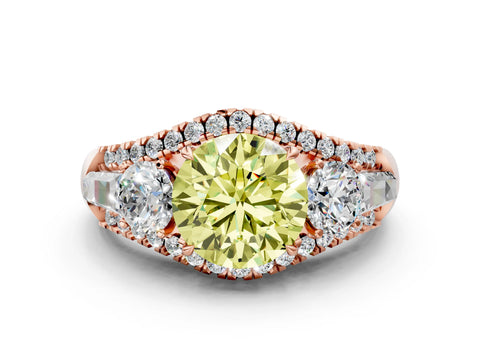 Rose gold Three-Stone Fancy Yellow Round Cut Diamond Engagement Ring with Pave Band and Prong Setting