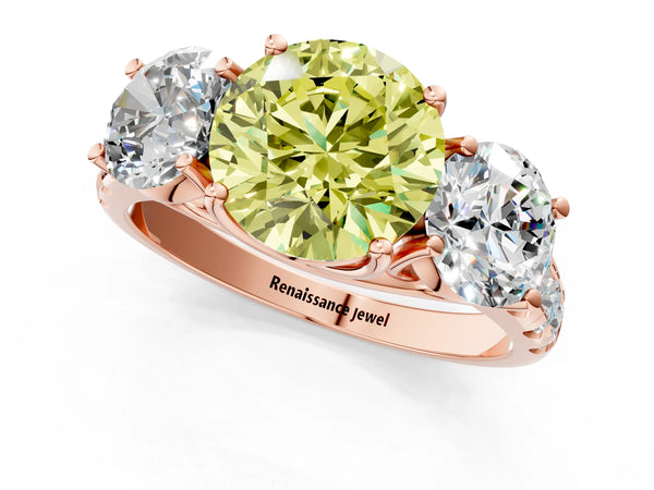 Rose gold Three-Stone Fancy Yellow Round Cut Diamond Pavé Band with Prong Setting