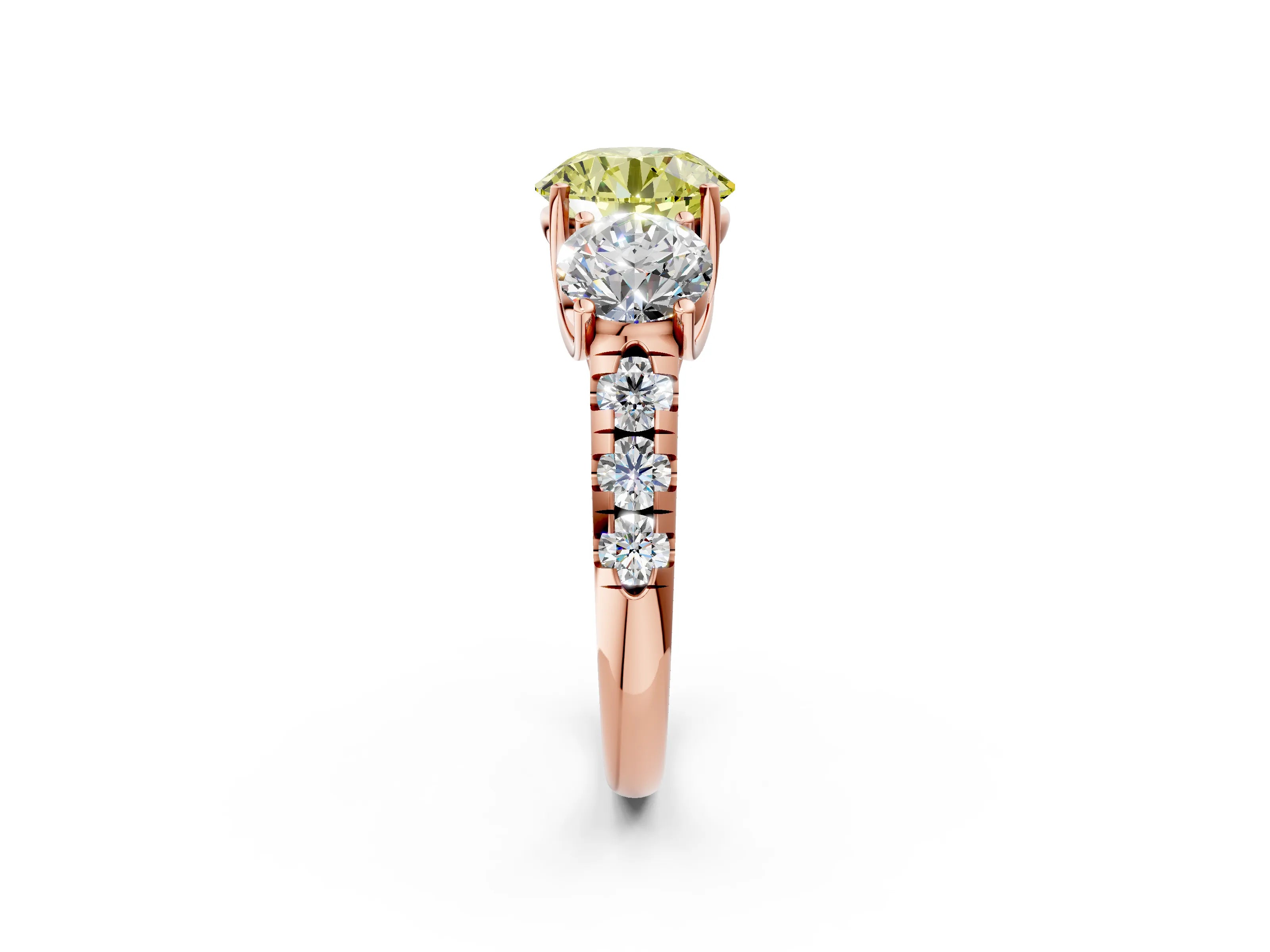 Rose gold Three-Stone Fancy Yellow Round Cut Diamond Pavé Band with Prong Setting_2