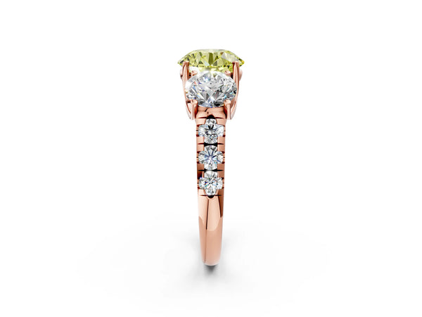 Rose gold Three-Stone Fancy Yellow Round Cut Diamond Pavé Band with Prong Setting