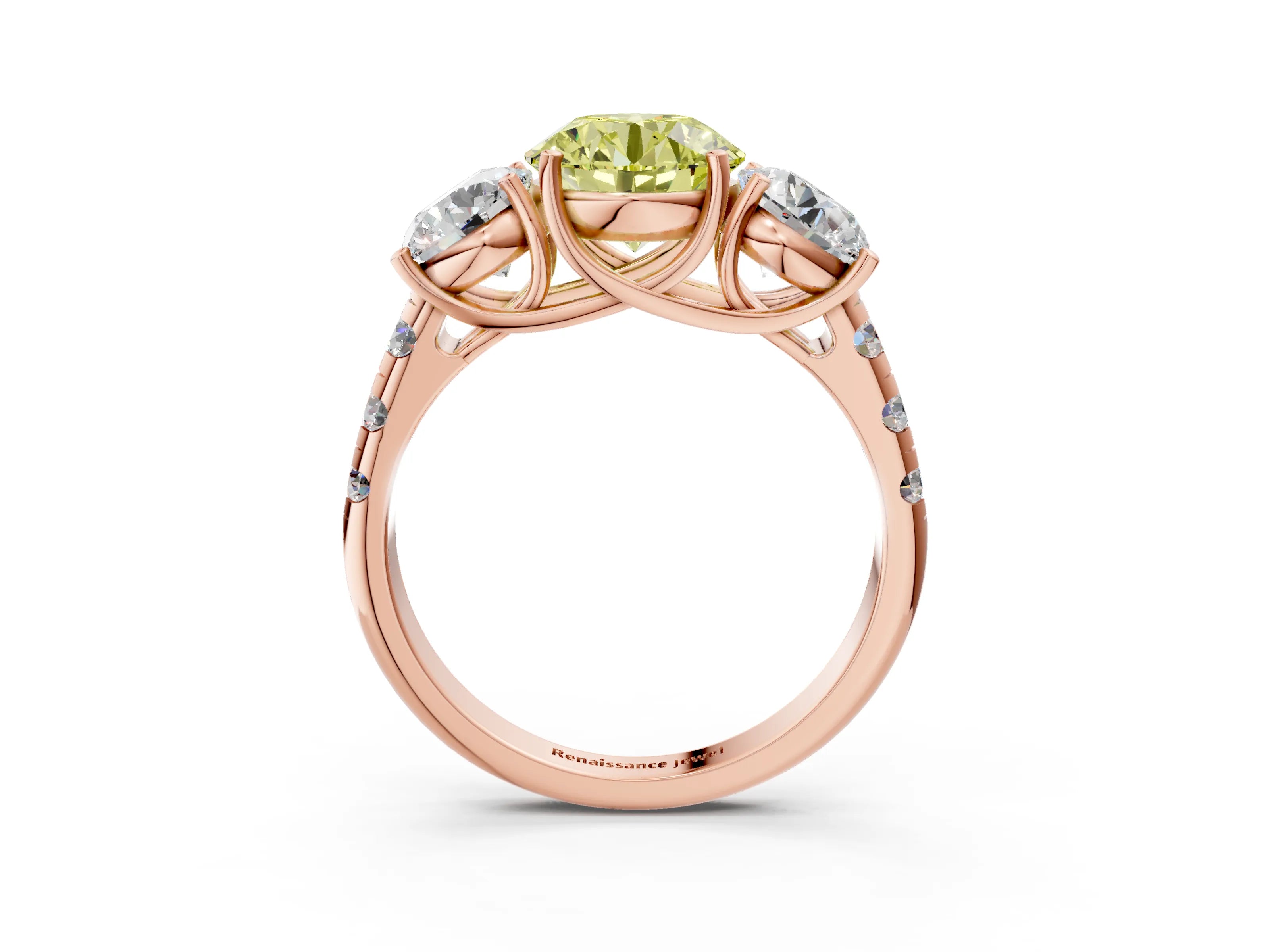 Rose gold Three-Stone Fancy Yellow Round Cut Diamond Pavé Band with Prong Setting_3